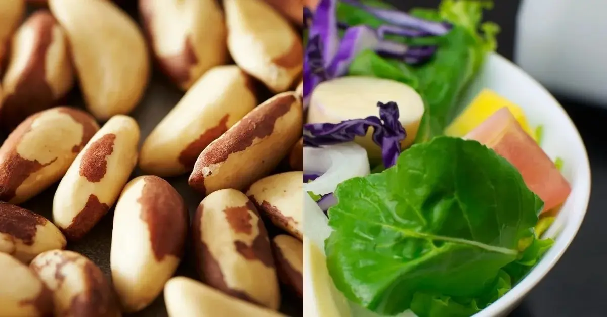 orzechy brazylijskie i sałatka w białej misce