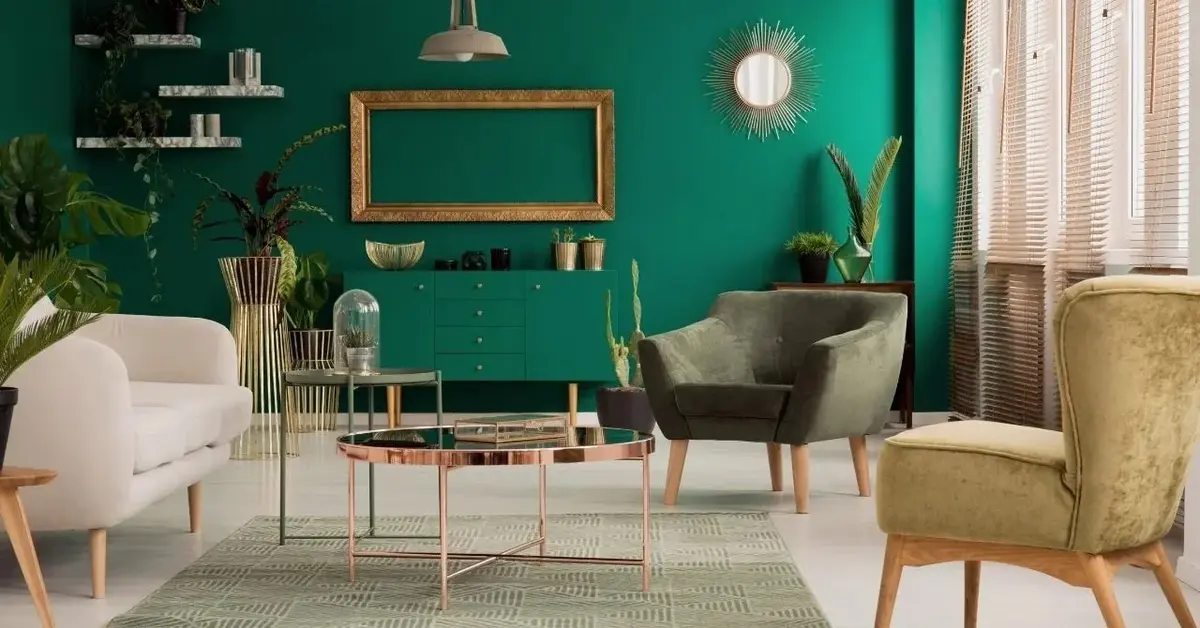Salon ze szmaragdową ścianą, zieloną szafką i fotelami