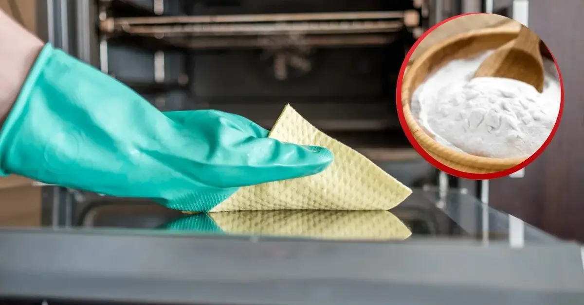 Dłoń w rękawiczce czyści piekarnik ściereczką. Soda oczyszczona w miseczce.