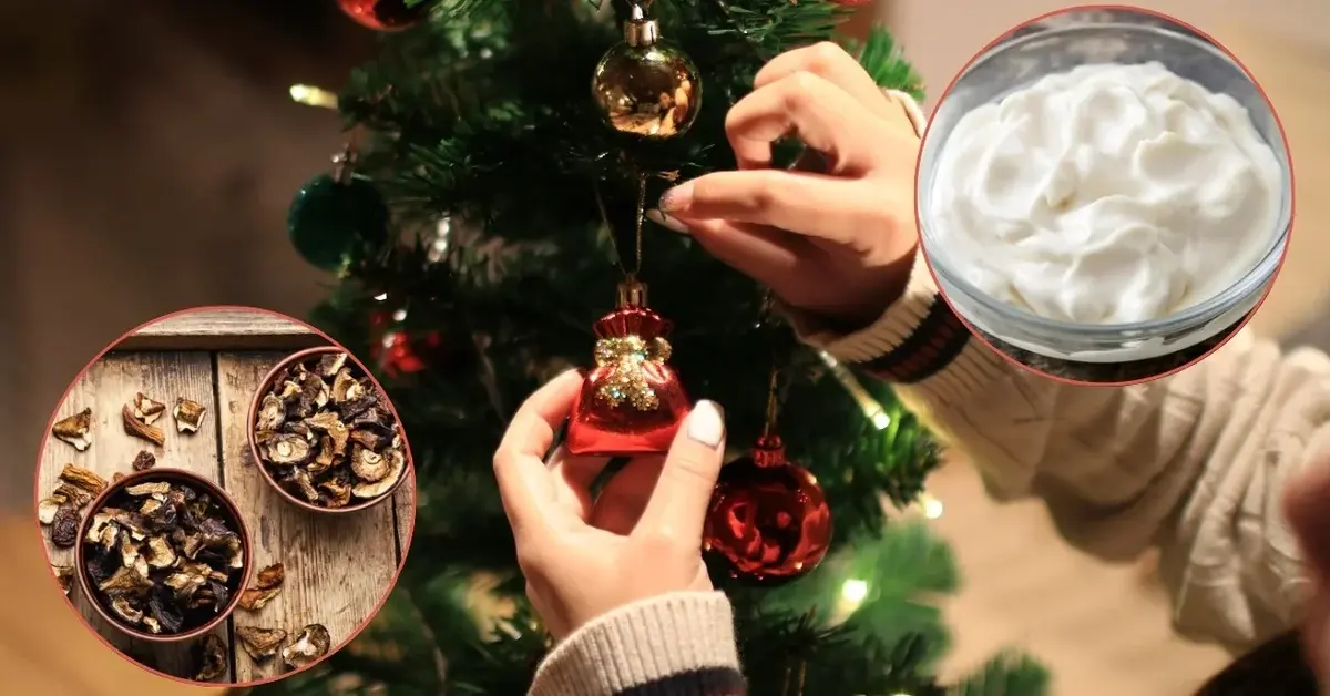 Choinka, suszone grzyby i śmietana do wigilijnej zupy grzybowej zabielanej.