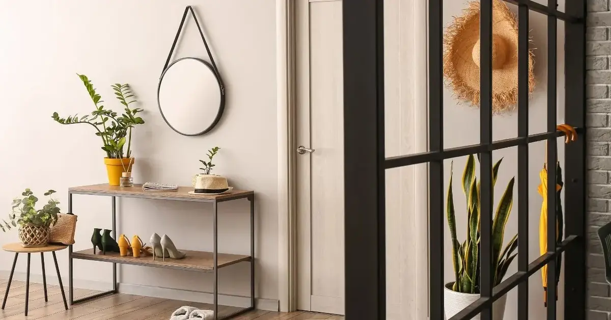 W jasnym przedpokoju otwarta szafka na buty z lustrem nad