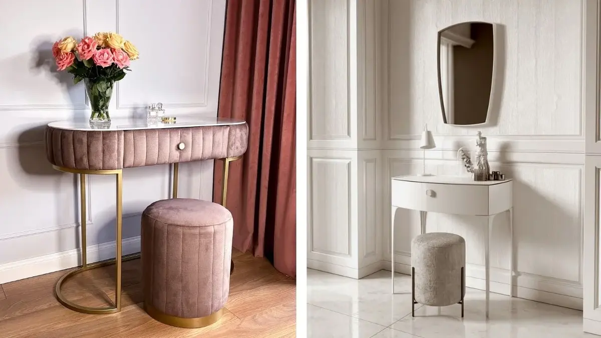 Toaletka glamour z różowym welurem i pufem, biała toaletka glamour z lustrem