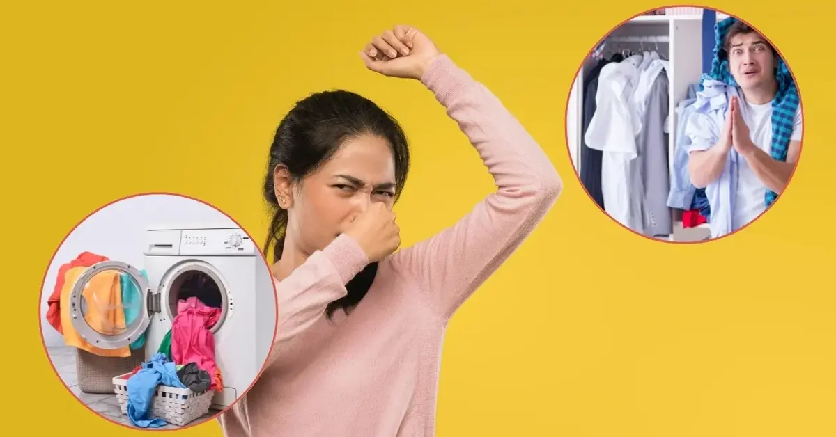 Kobieta ma śmierdzące od potu ubranie. Mężczyzna krzywi się od zapachu potu na koszulach. Pralka z ubraniami.