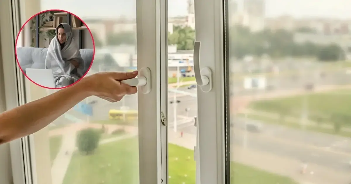 Ktoś otwiera okno w mieszkaniu, w drugim mieszkaniu marznie kobieta.