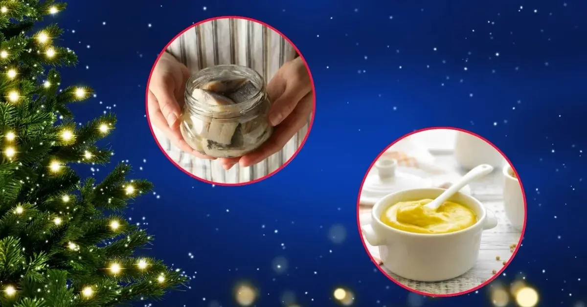 Choinka, śledzie i musztarda przygotowane na Wigilię.