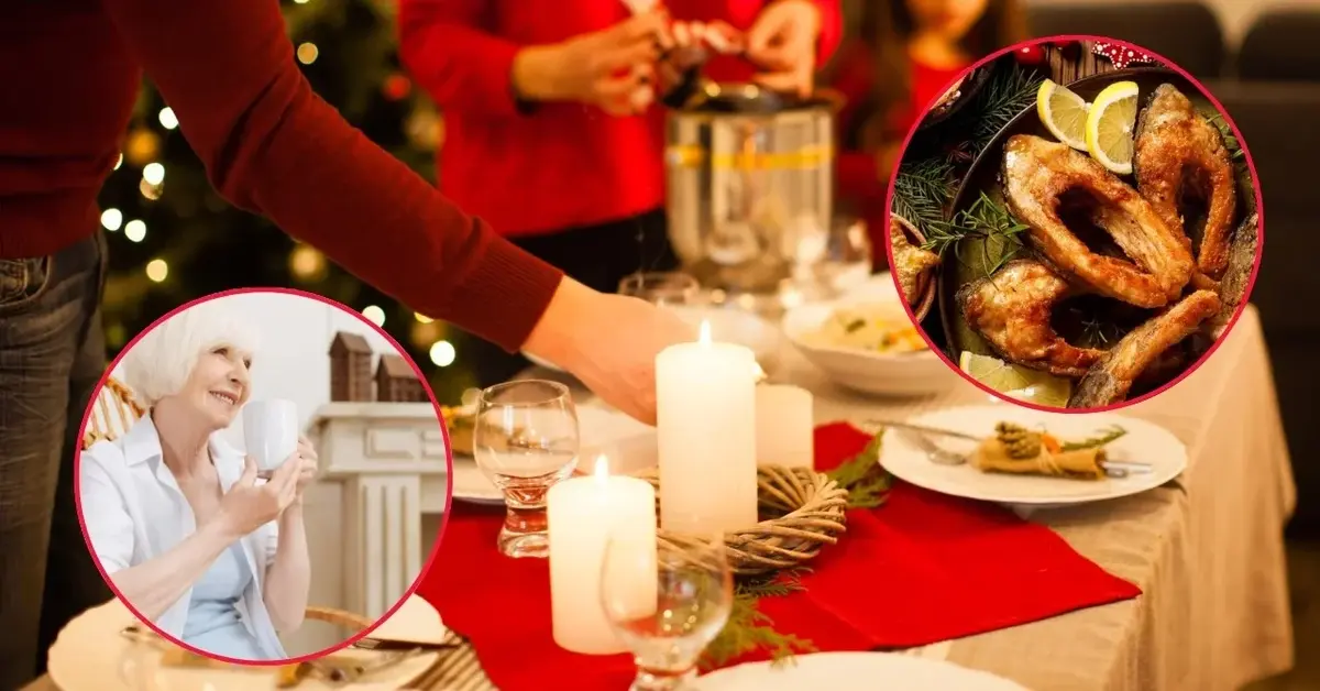 Wigilijny karp smażony z przepisu babci, uśmiechnięta babcia i świąteczny stół.