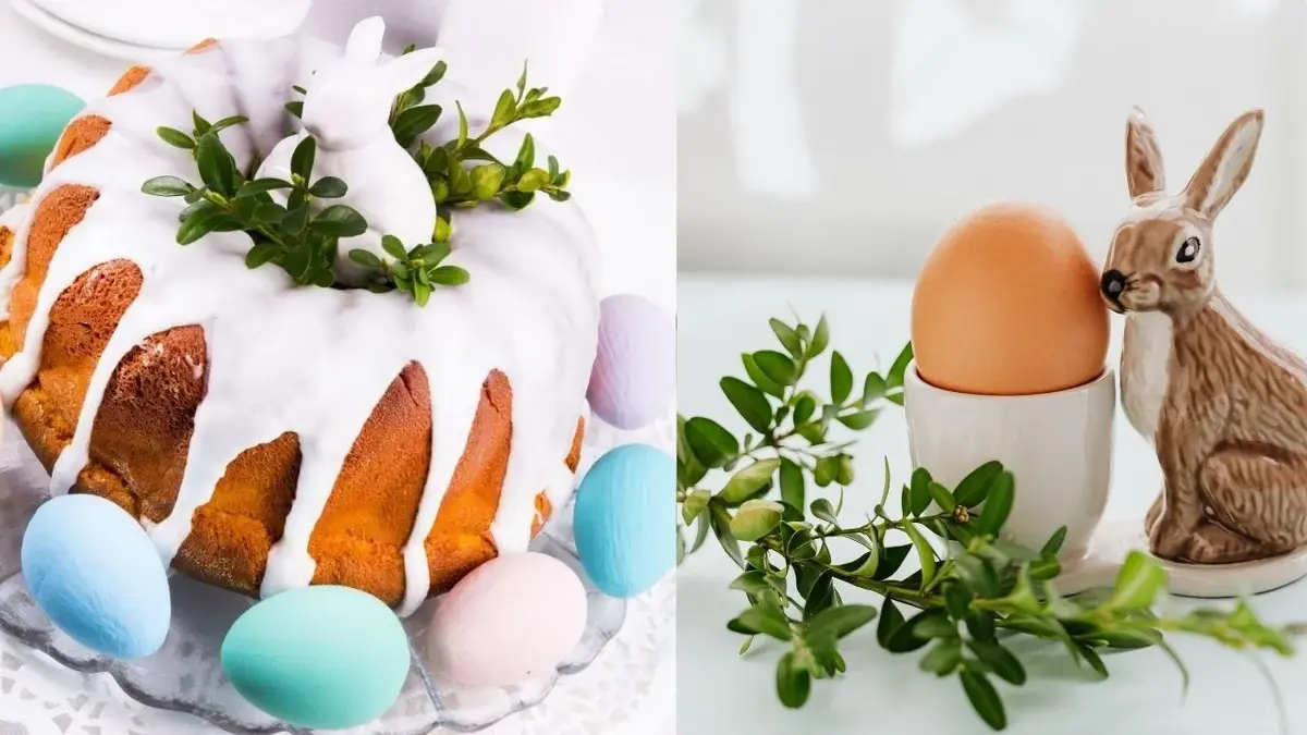 Wielkanocne dekoracje z porcelanowymi figurkami zajączków i bukszpanem