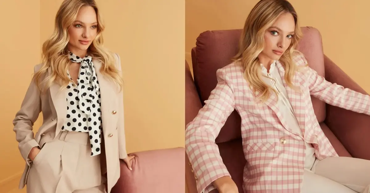 Kolaż 2 zdjęć kobiety blond włosy w żakietach na różne sposoby noszenia jasne kolory