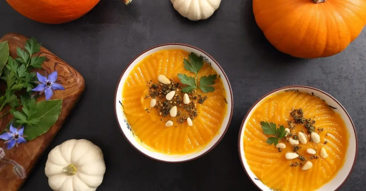 Jesienna zupa krem z dyni w miseczkach, obok dynie i czosnek