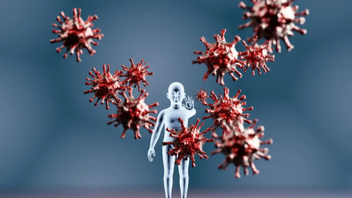 Grafika z postacią dziecka i czerwonymi wirusami lecącymi w jego kierunku