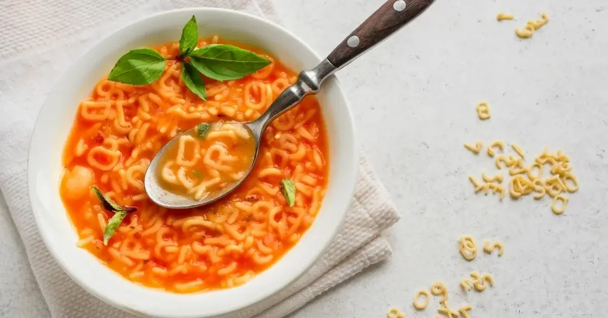 Zupa pomidorowa z makaronem w kształcie literek