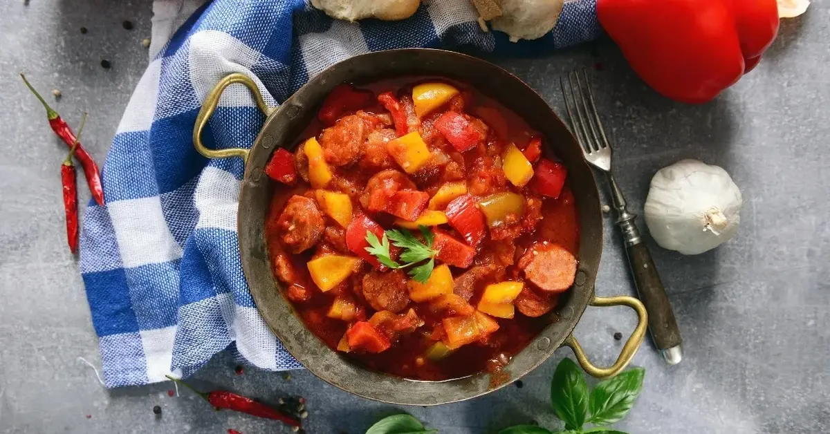 w żeliwnym naczyniu leczo, obok ściereczka w biało-niebieską kratę