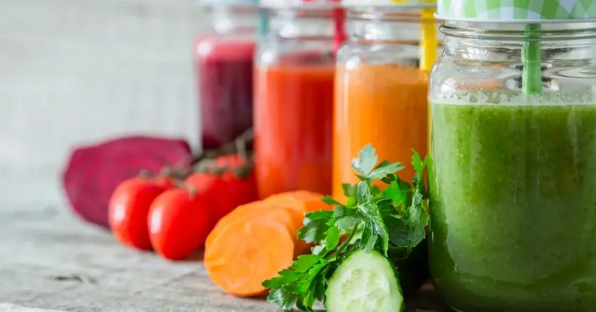 Kolorowe warzywne koktajle w szklankach stojące w rządku