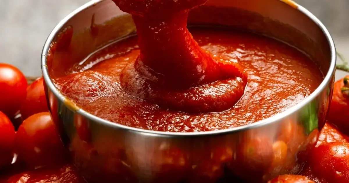 Sos pomidorowy do gołąbków w srebrnym garnku. Obok pomidory