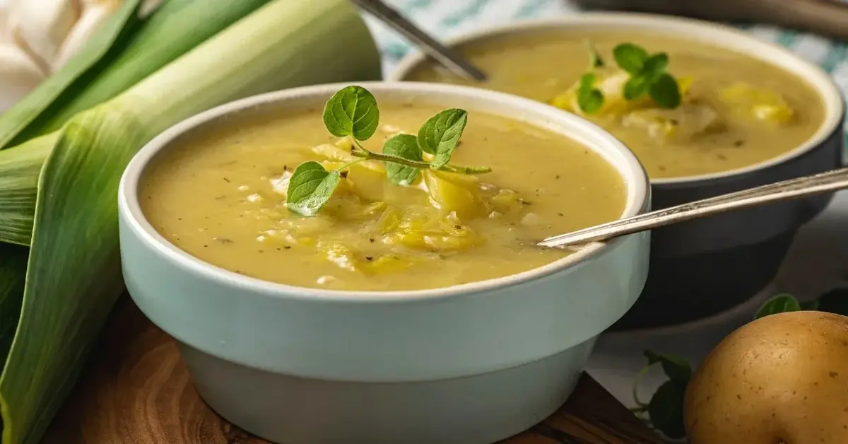 Zupa porowo ziemniaczana w dwóch miseczkach, w tle pory