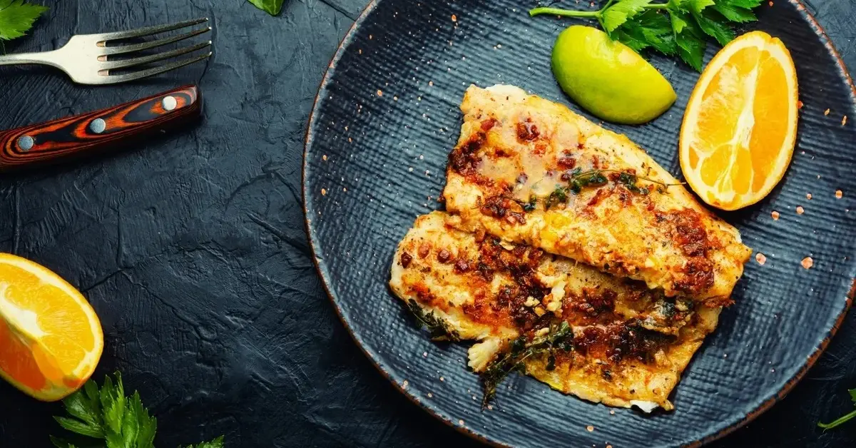 Morszczuk z piekarnika na czxarnym talerzu z cytryną i sałatą