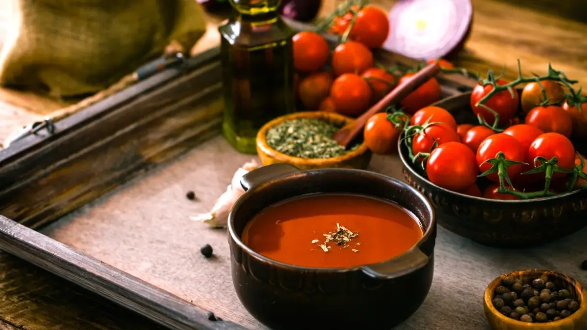 Zupa pomidorowa z ryżem w czarnej miseczce