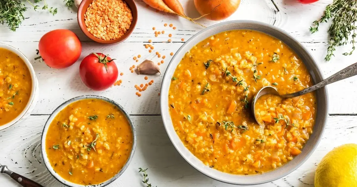 Zupa z czerwonej soczewicy w głębokiej miseczce