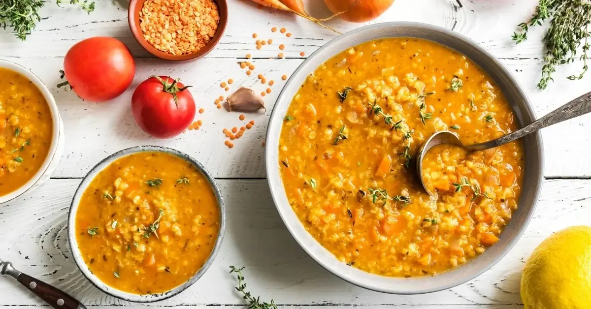 Zupa z czerwonej soczewicy w głębokiej miseczce