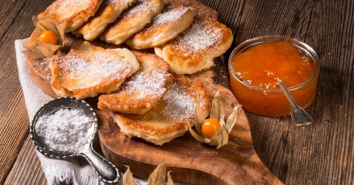 Racuchy drożdżowe na drewnianej desce, obok słoiczek z dżemem