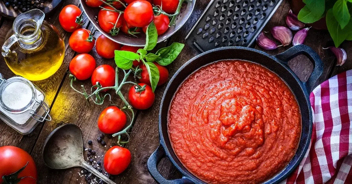 Sos pomidorowy do pulpetów w czarnym garnku