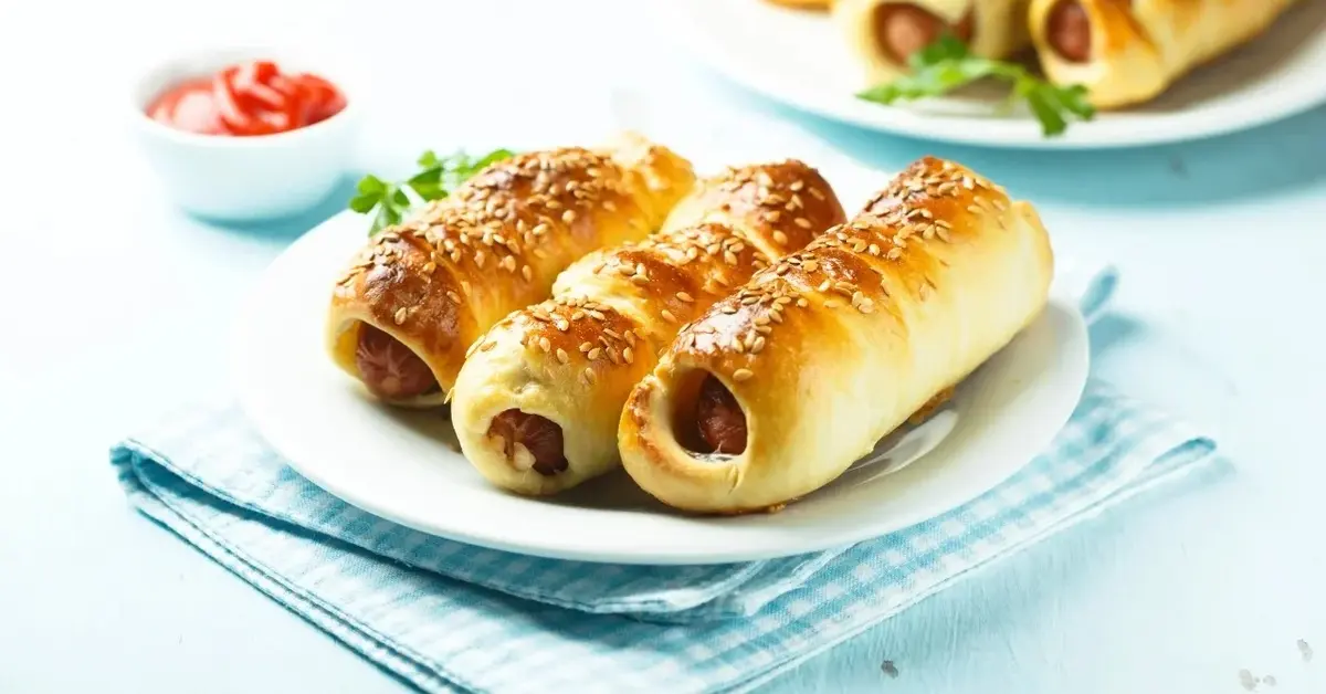 Parówki w cieście drożdżowym na białym talerzyku