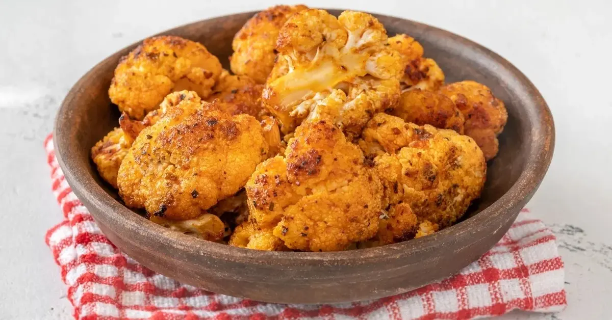 Kalafior zapiekany w miseczce stojącej na ściereczce w kratkę