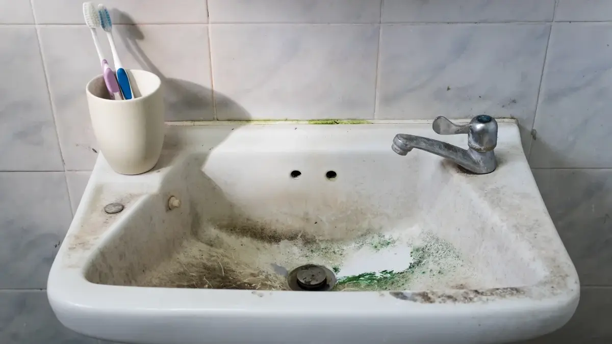 Brudna biała umywalka
