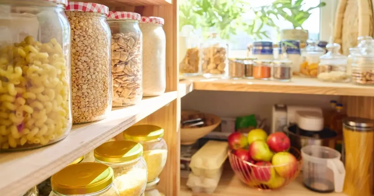 Spiżarnia - pułkach produkty spożywcze w słoikach