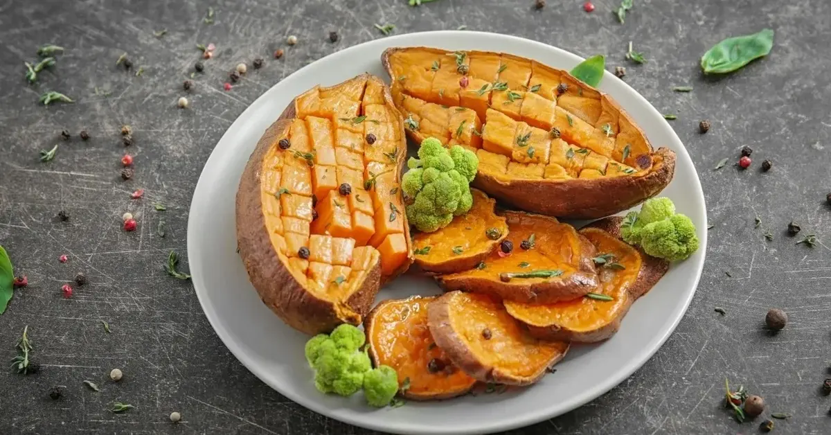 Pieczone bataty przekrojone na pół na białym talerzu