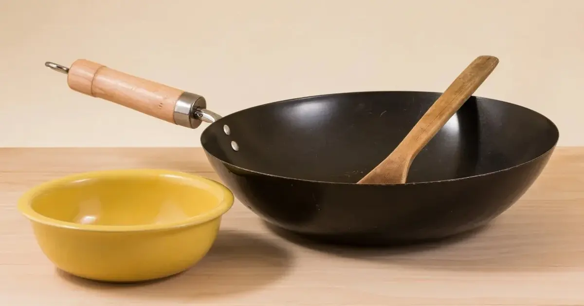 Patelnia wok z drewnianą rączką, obok żółta miseczka 