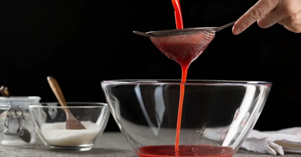 Cedzenie truskawek w syropie przez małe sitko