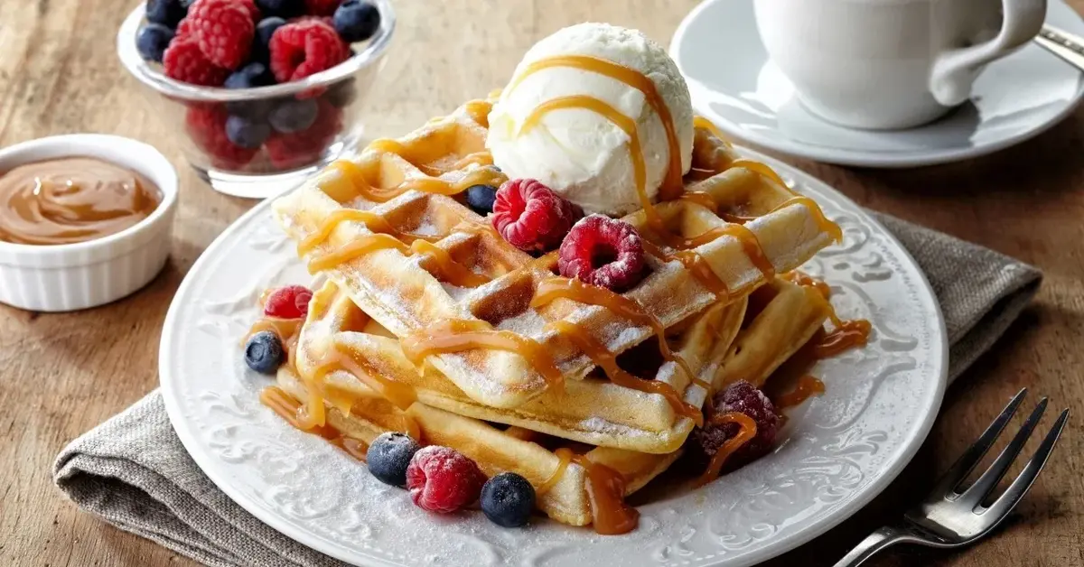 Gofry z mąki kukurydzianej z owocami i lodami