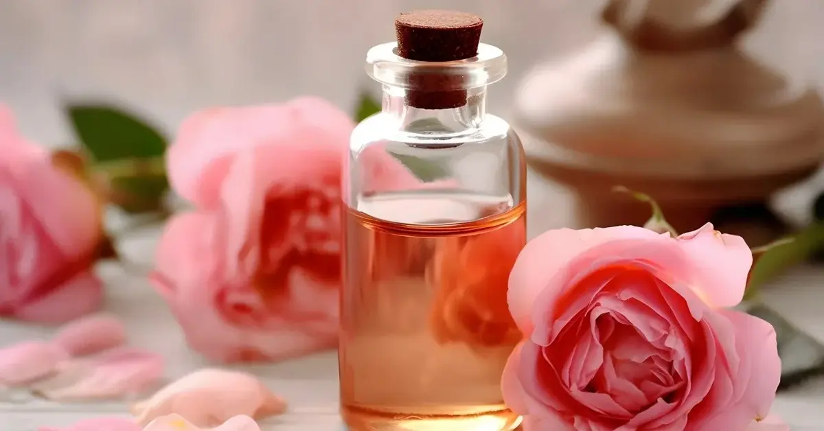 Olejek różany w buteleczce, obok róże