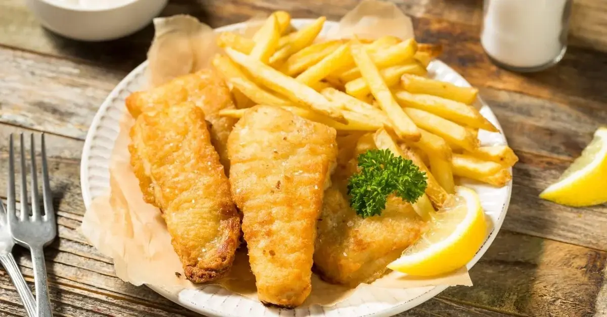 Fish and Chips na białym talerzu