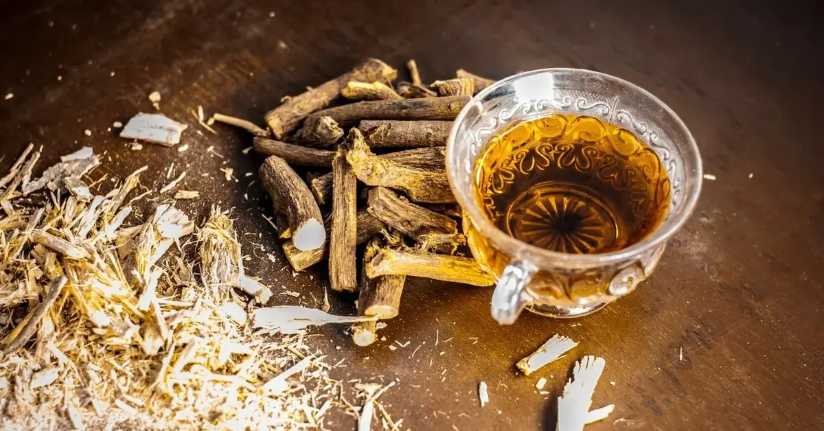 Korzeń lukrecji i zaparzony napar z lukrecji w filiżance