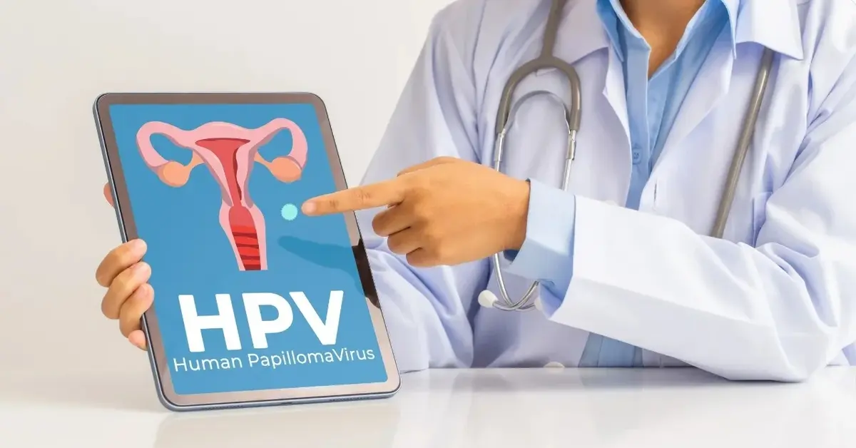 Mężczyzna w kitlu trzymający przed sobą tabliczkę z napisem HPV