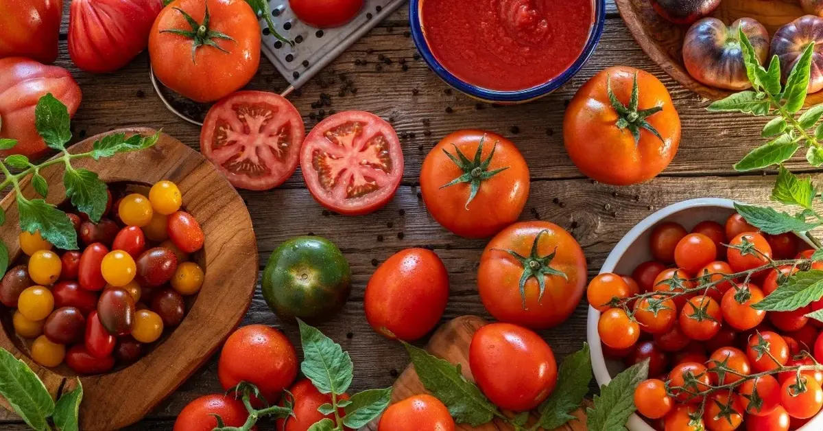 Różne gatunki pomidorów na blacie