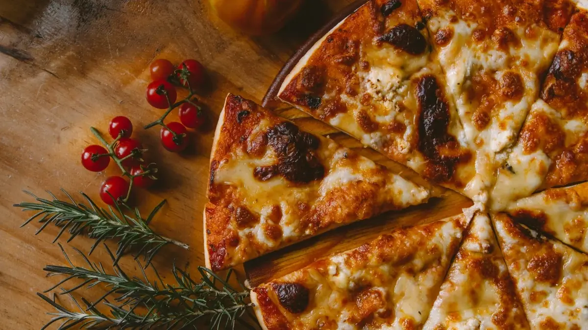 Pizza z serem, sosem pomidorowym i ziołami na drewnianym blacie. Obok zioła i pomidorki koktajlowe