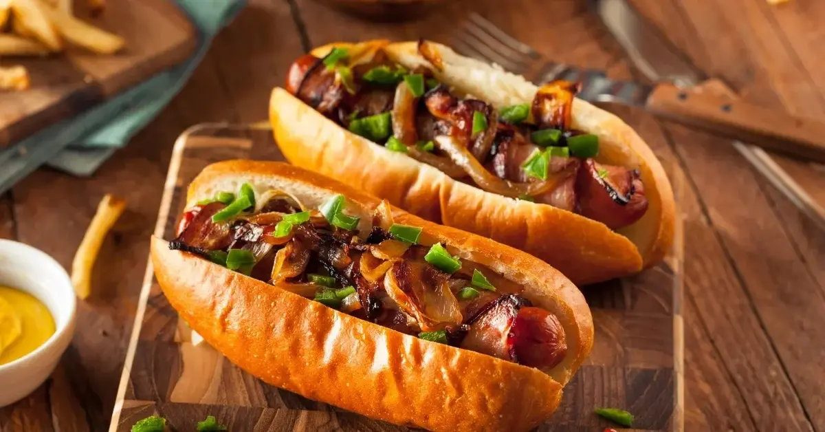  hot dogi z dodatkami na drewnianej desce