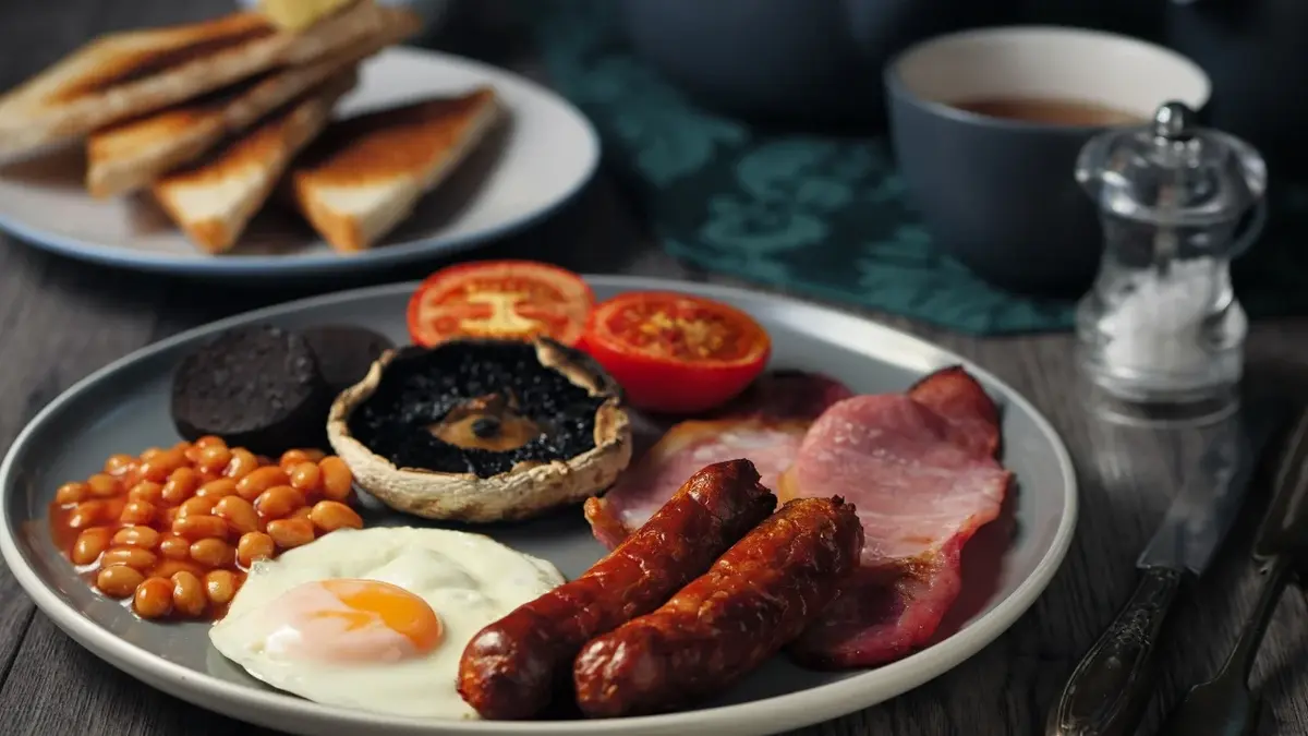 Śniadanie angielskie: bekon, fasolki, jajka sadzone, tosty i pieczarki