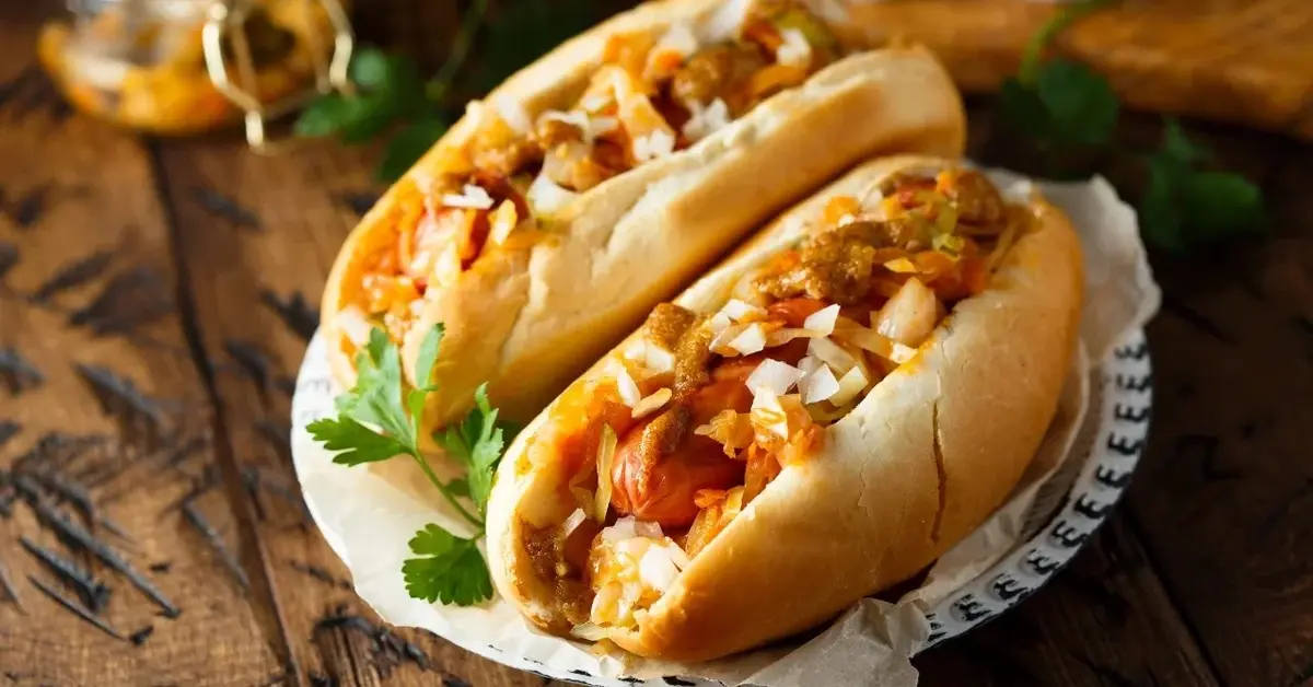 Hot dogi z grillowanymi kiełbaskami polane ketchupem i musztardą