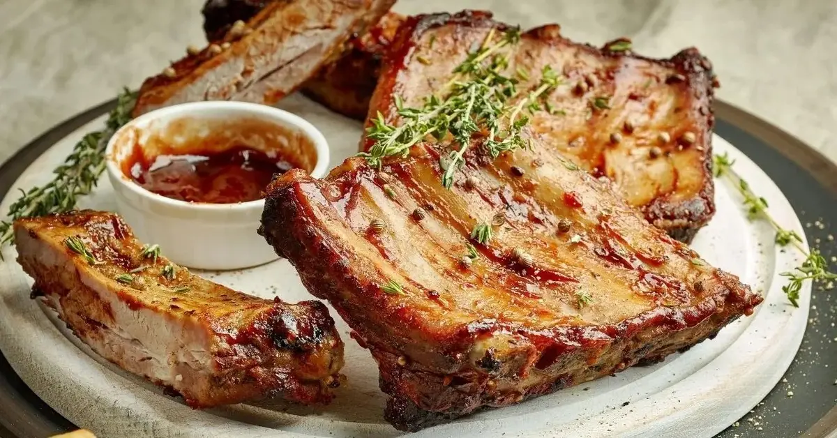 Żeberka pieczone w rękawie podane z sosem.