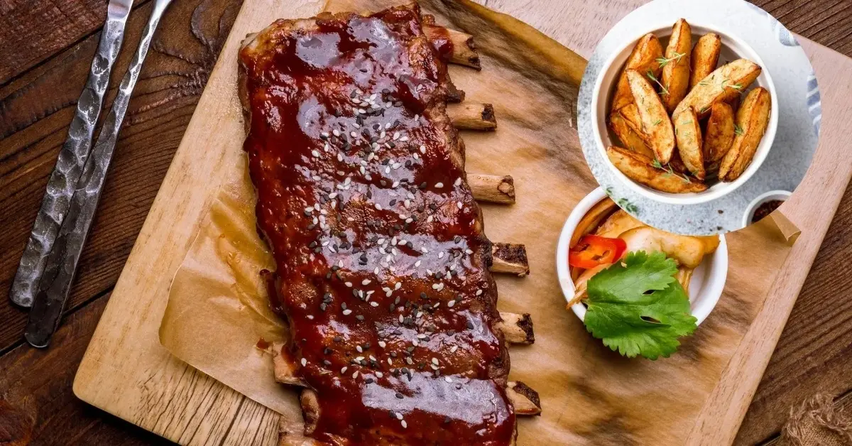 Pieczone żeberka w sosie sojowym i frytki z piekarnika.