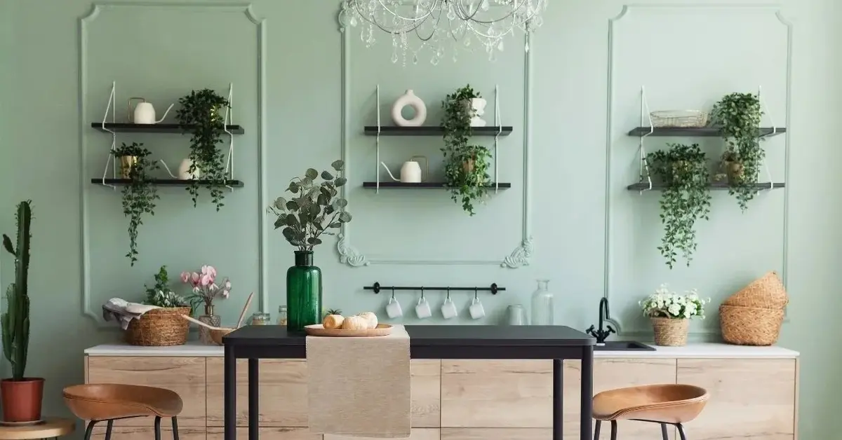 Zielona ściana w kuchni zawieszona półkami, przed nią czarna metalowa wyspa kuchenna i hokery