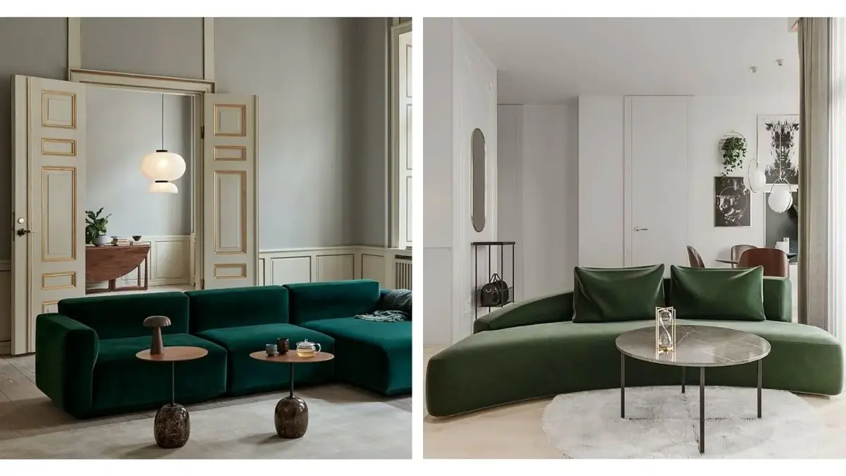 Kolaż: szmaragdowa sofa w salonie, oliwkowa sofa w salonie