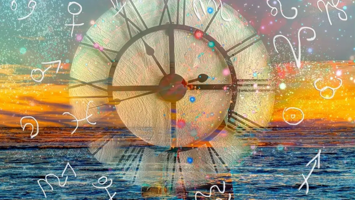 Znaki zodiaku na tle morza, na środku znajduje się zegar.