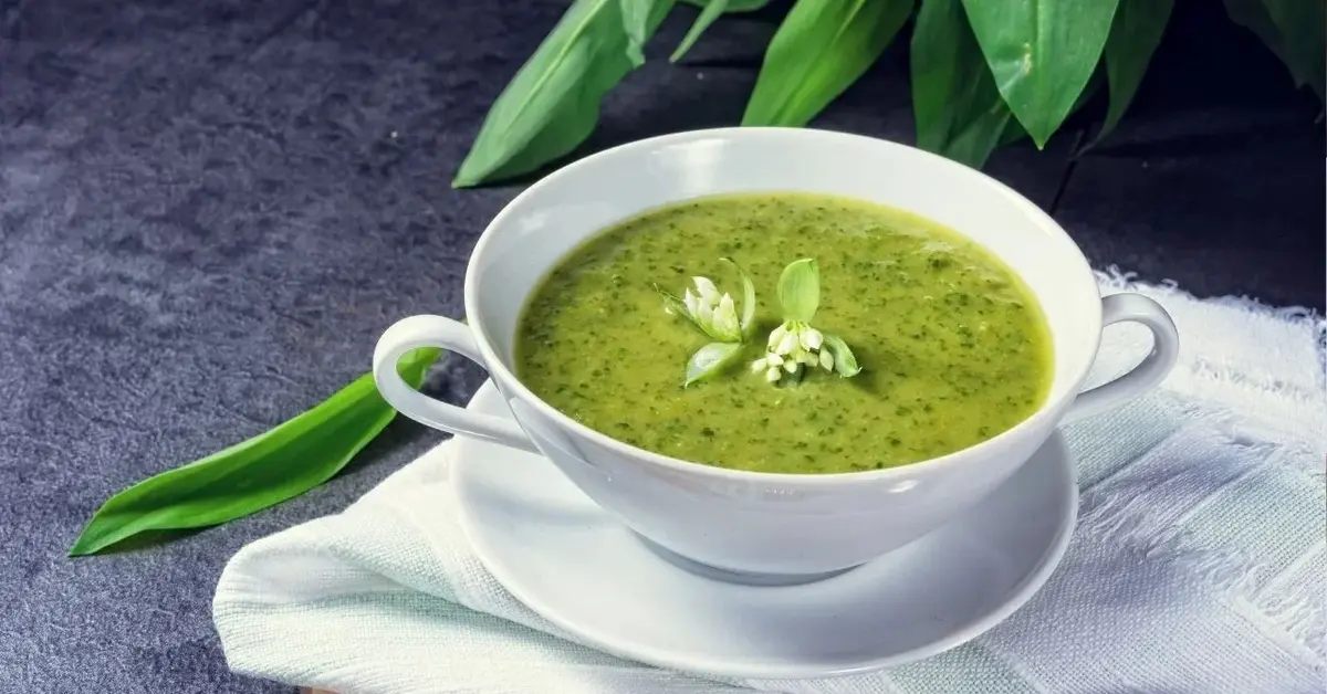 Zielona zupa z czosnku niedźwiedziego w białej miseczce podana na białej serwecie