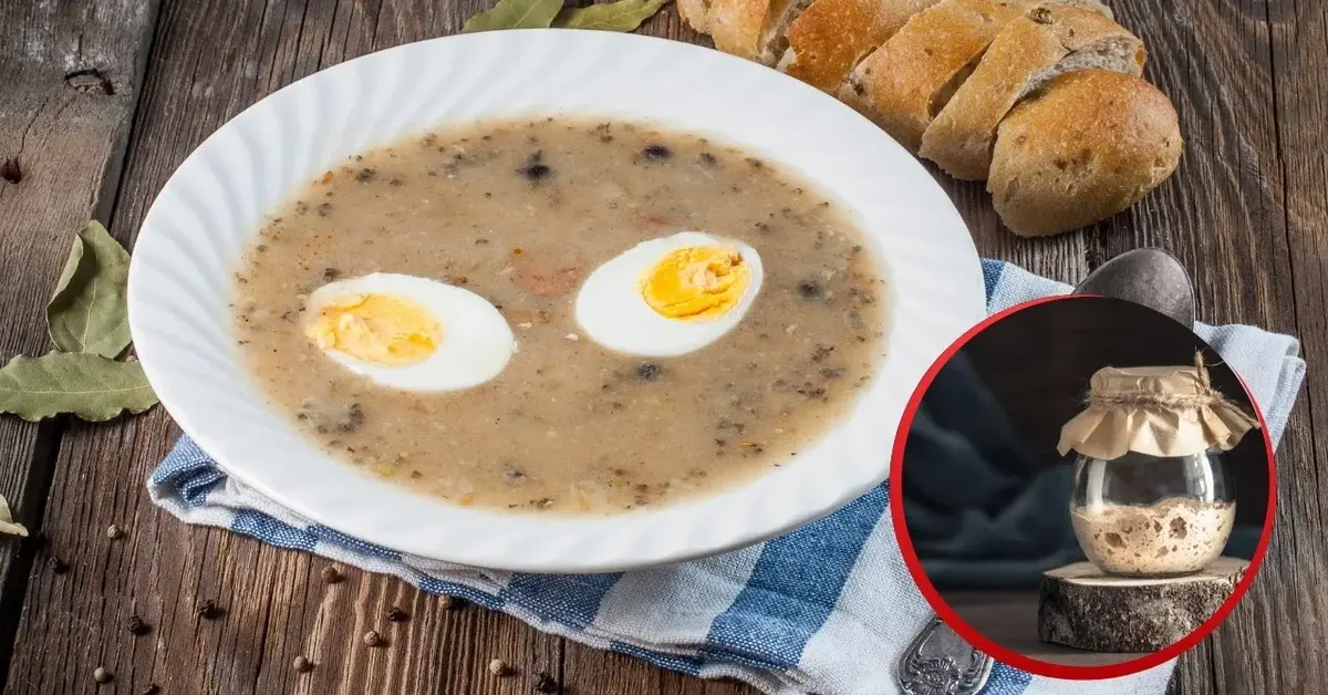 Żurek wielkanocny, obok pokrojony chleb. Do tego zdjęcie zakwasu na żurek wielkanocny.